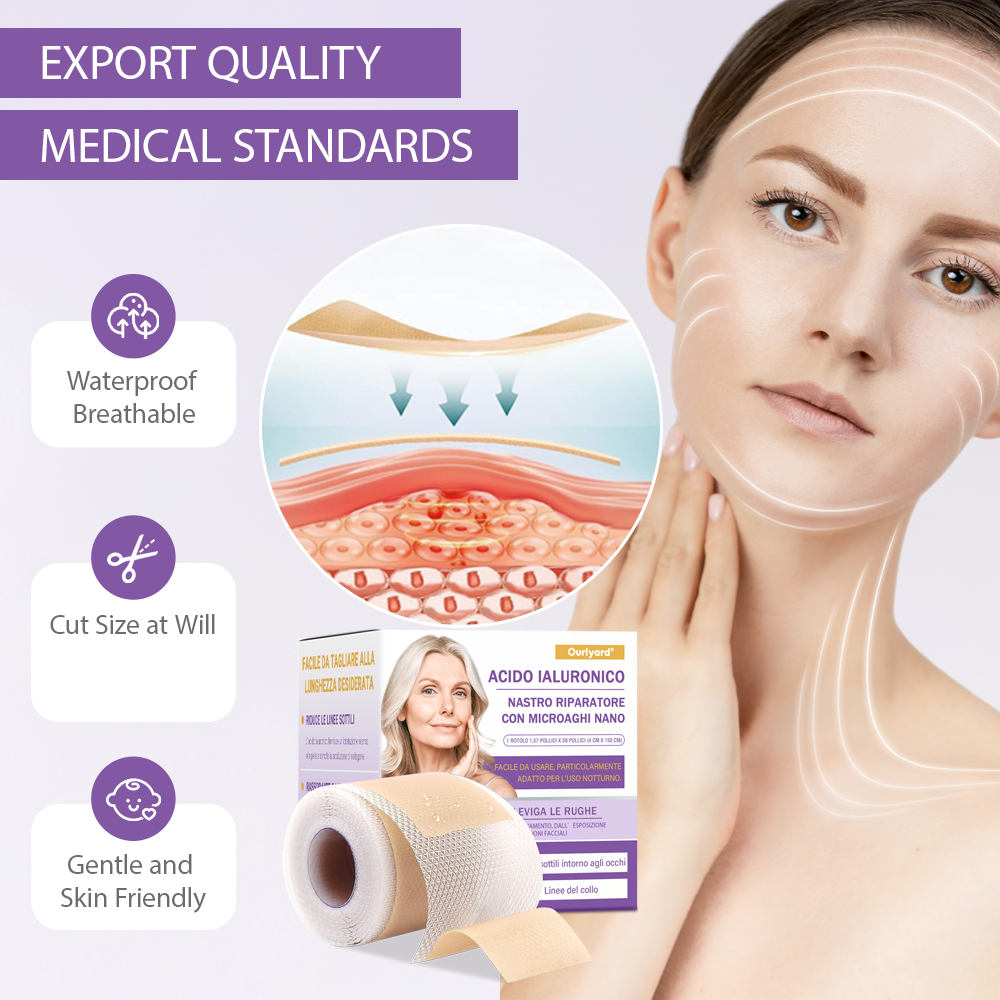 ✅ Officiel butik | Ourlyard® Hyaluronsyre Nano Microneedle Repareringsbånd 🧑‍⚕️☑️(Reparerer rynker, fine linjer, løs hud osv., egnet til flere områder som ansigt, hænder, mave, ben – 4 cm x 1,5 m rulle. Klinisk testet og dermatologisk anbefalet)
